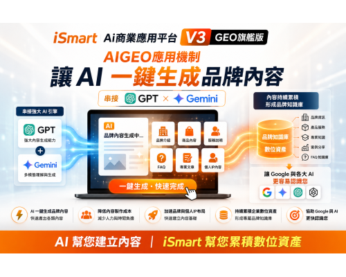 iSmart Ai商業應用平台 V3 AiGEO旗艦版 讓Ai一鍵生成品牌內容，再反饋給Ai資料